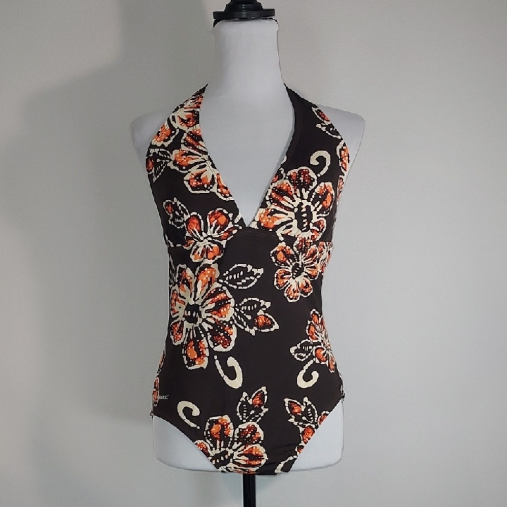 Speedo Espresso Cream Orange Floral 1-Piece Halter Style Swimsuit Size 10 NWT
